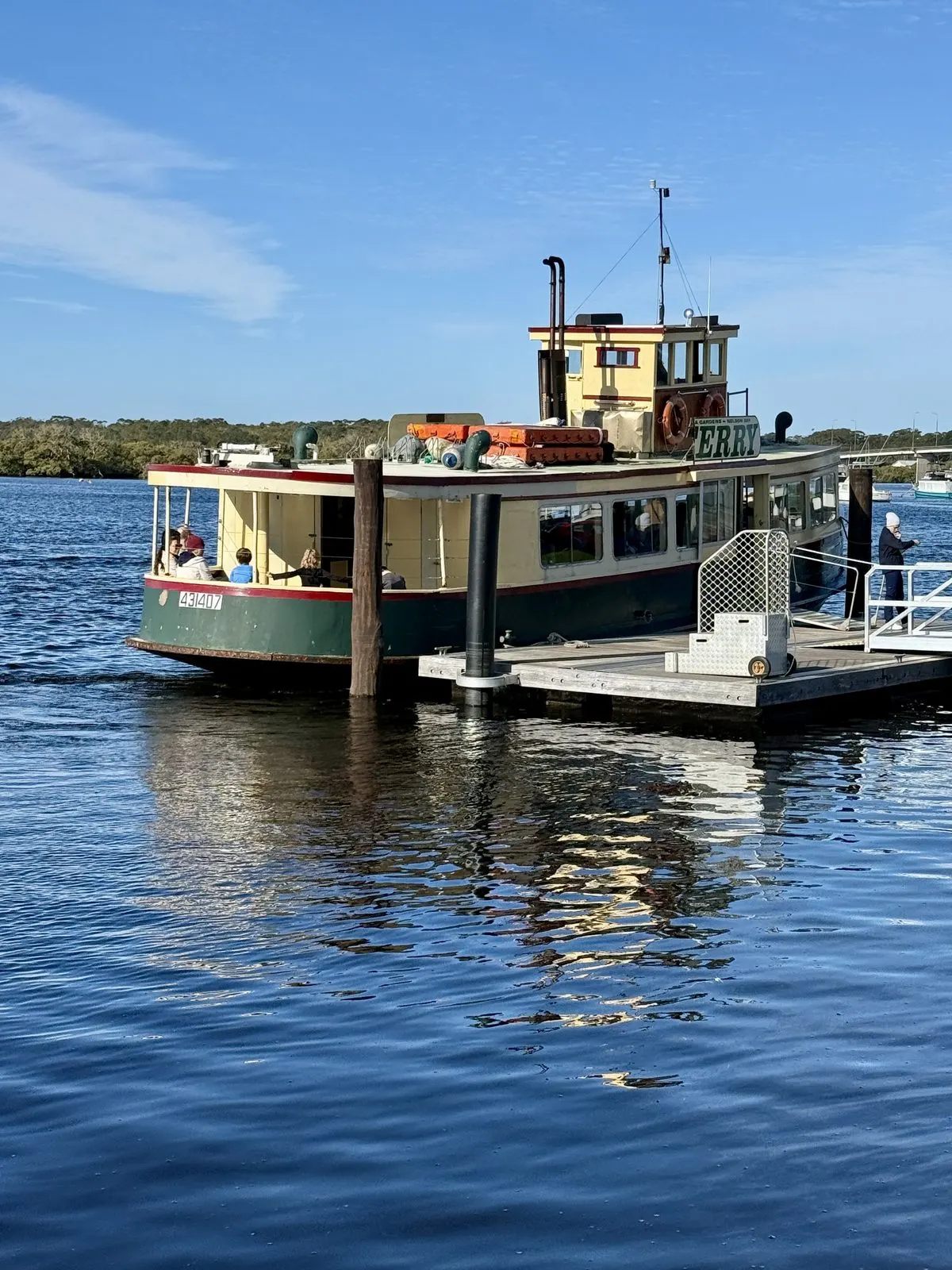 The Tea Gardens ferry on the Myall River, ready to cross to Hawks Nest