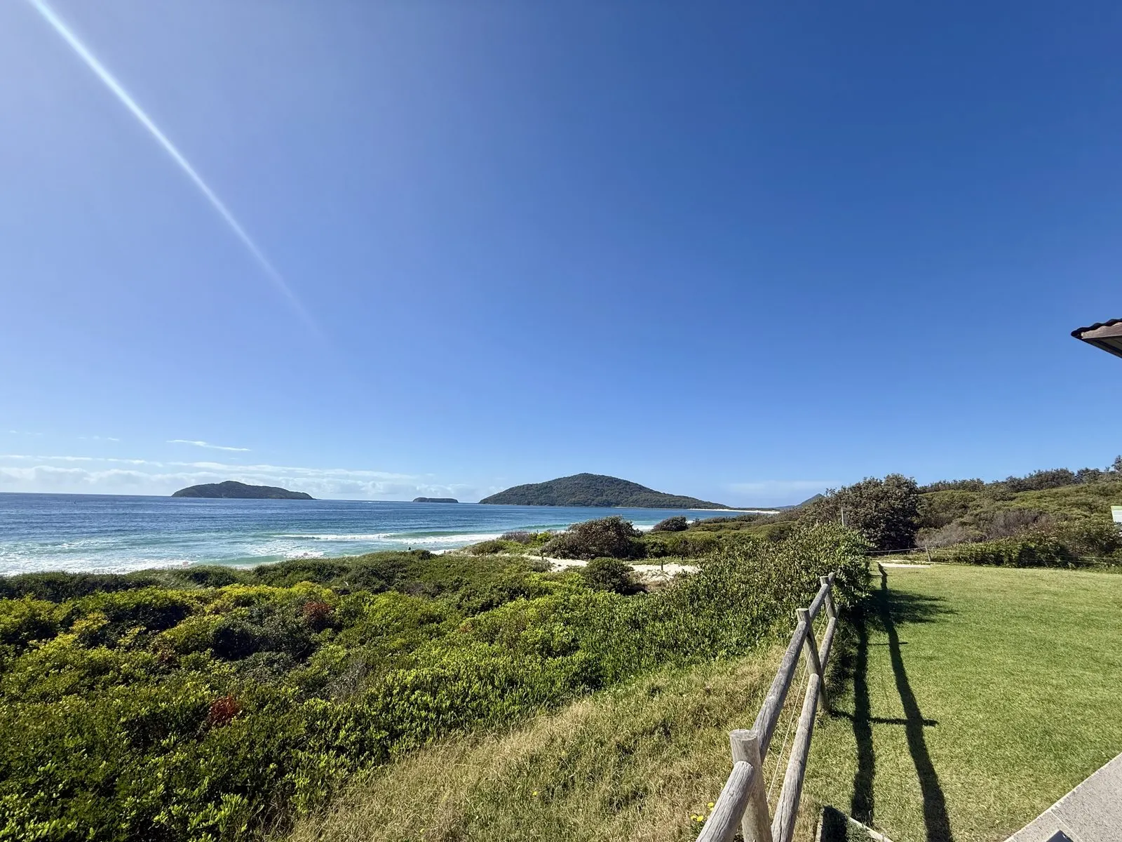 View from Bennetts Beach surf club across Port Stephens to the islands