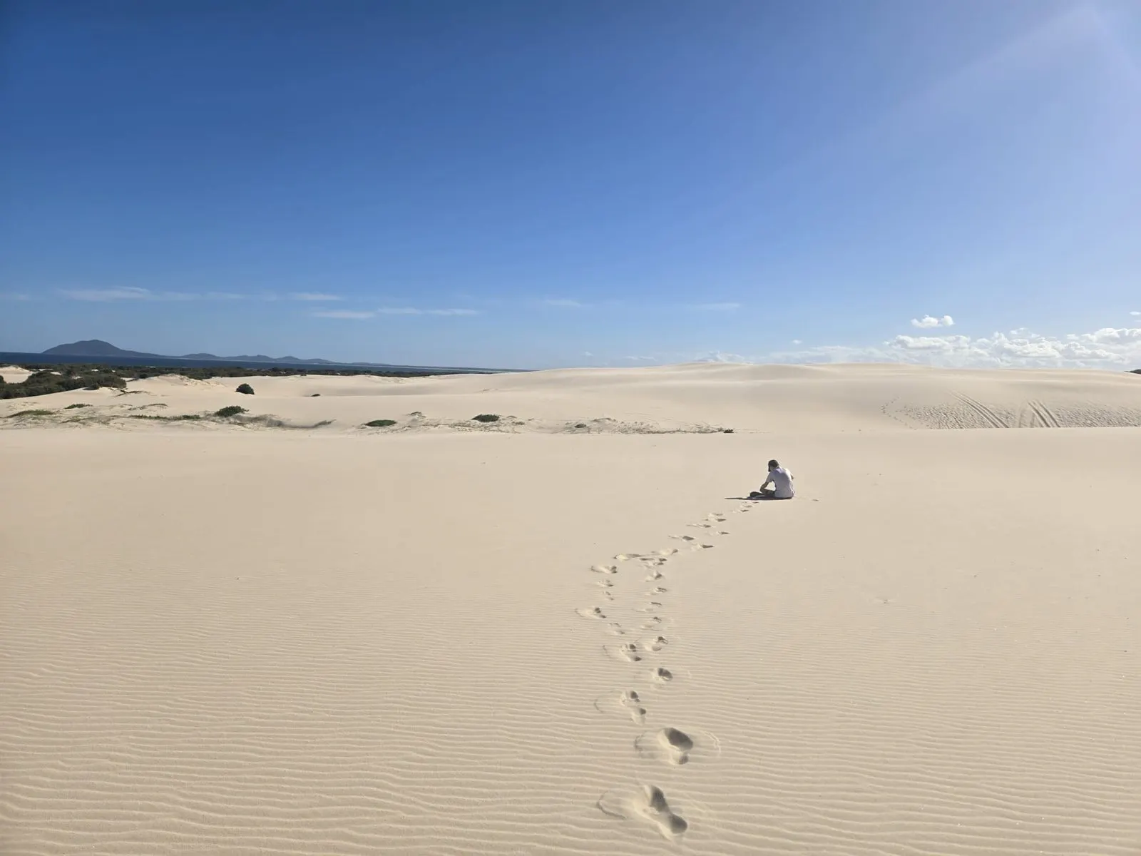 Person sitting alone on the vast white sand dunes of Mungo Brush, Myall Lakes National Park NSW
