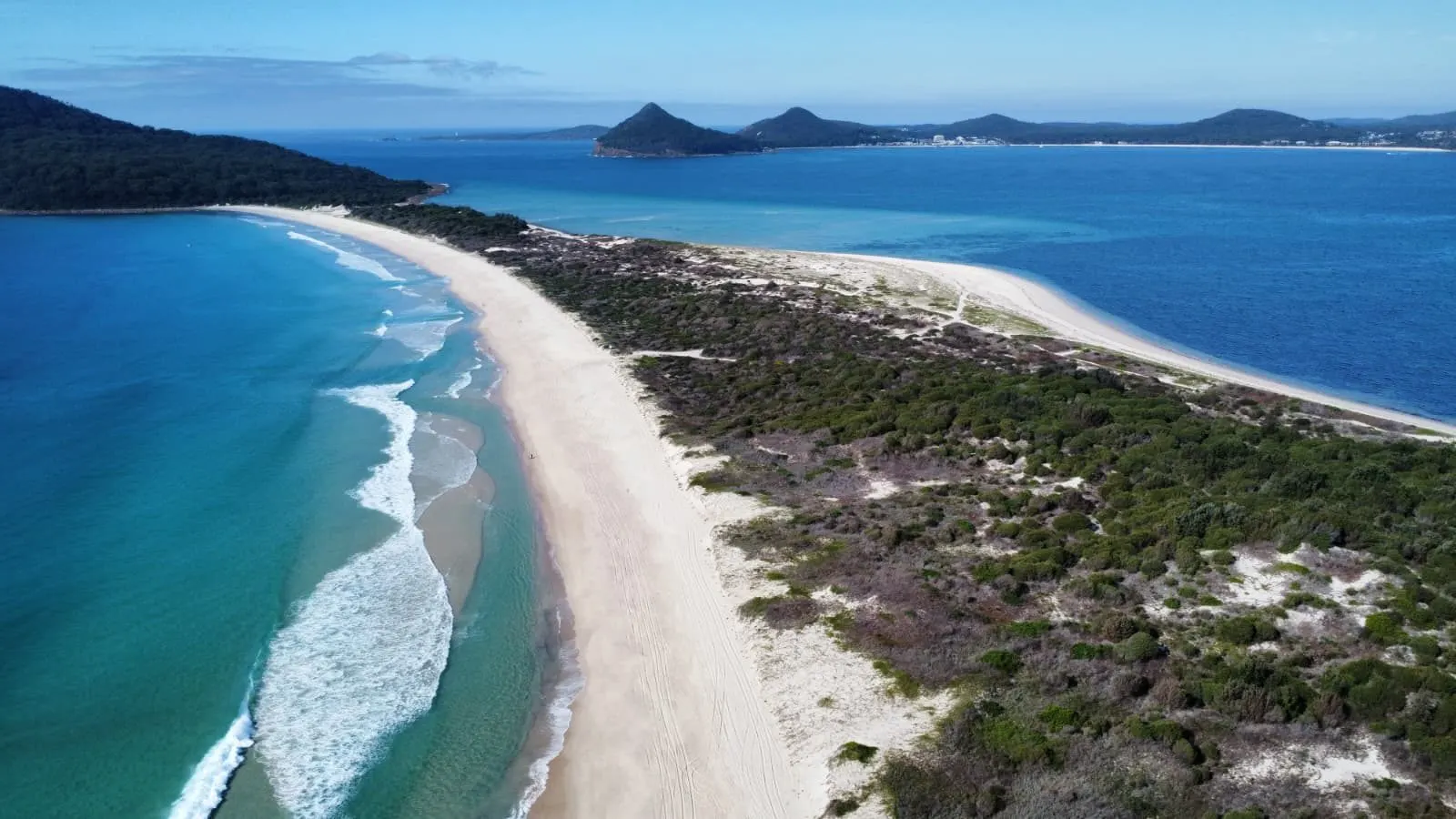 Aerial view of Jimmys Beach and Bennetts Beach peninsula, Port Stephens NSW